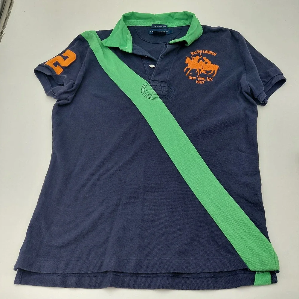 Ralph Lauren Kids L Blue Skinny Polo Shirt Green Sash Big Pony Orange Logo Y2K